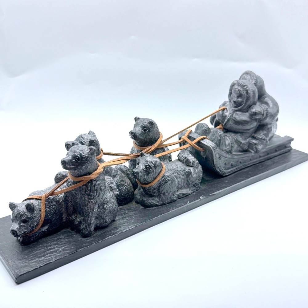 A Wolf Original Vintage Inuit Sled Dogs Sculpture 13x3.5in Grey Canada
